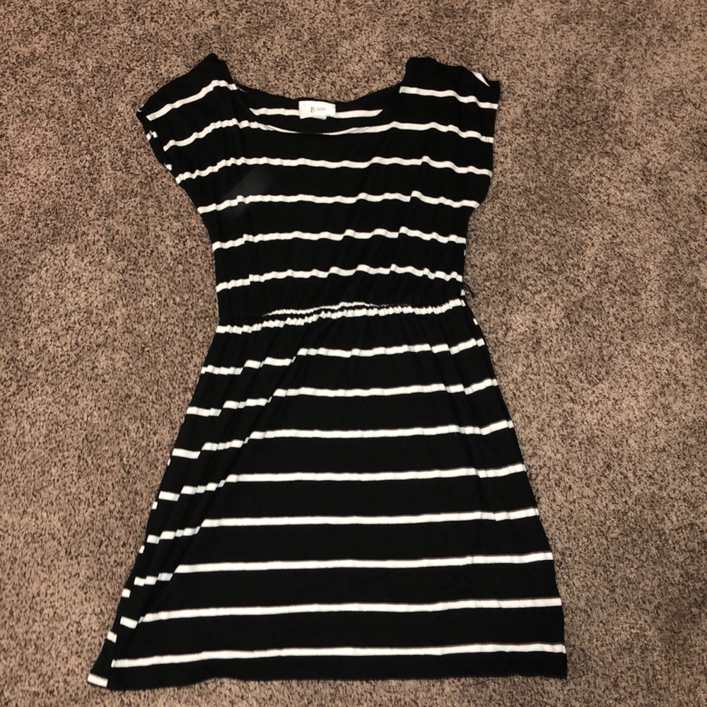 Black and white striped dress.